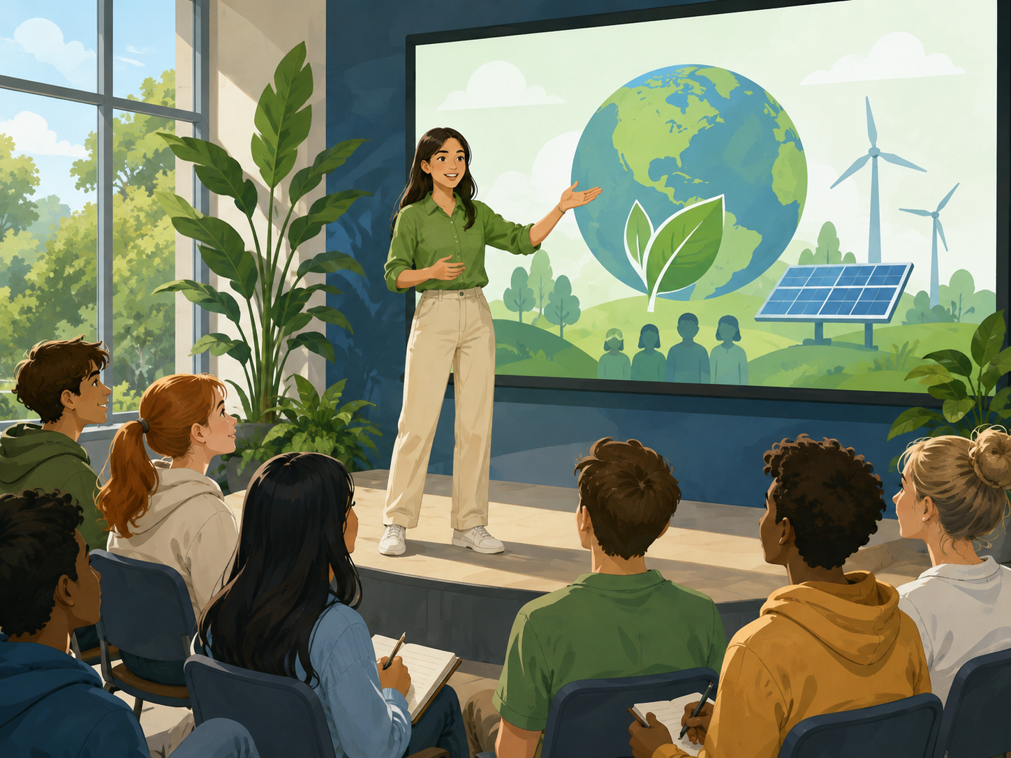 Students watching and discussing inspiring sustainability presentations